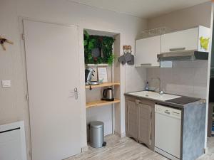 een kleine keuken met witte kasten en een spoelbak bij Entre Montagnes et Lacs in La Bresse +8 foto's