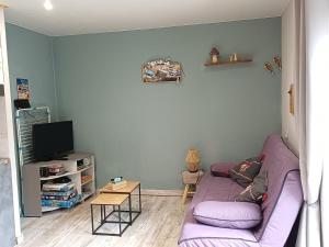 een woonkamer met een paarse bank en een tv bij Entre Montagnes et Lacs in La Bresse