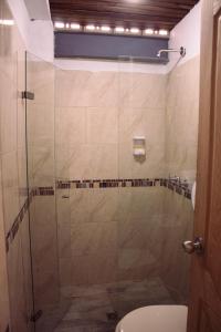 a bathroom with a glass shower with a toilet at Hotel Curazao Natural Living cerca a charcos naturales y tobogán extremo in Cocorná