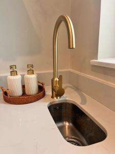 a kitchen sink with a gold faucet and two towels at House in Appledore with Hot Tub and own parking in Appledore