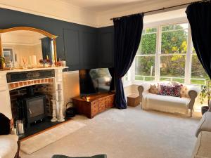 a living room with a fireplace and a mirror at House in Appledore with Hot Tub and own parking in Appledore