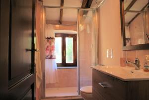 a bathroom with a shower and a toilet and a sink at In Borgo -Legoli in Peccioli +43 photos