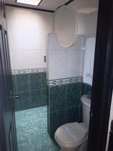 a bathroom with a toilet and green tile at motel alamo in Guadalajara