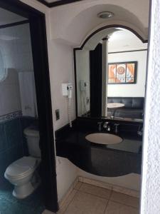 a bathroom with a toilet and a sink and a mirror at motel alamo in Guadalajara +1 photo