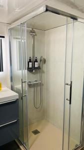 a shower with a glass door in a bathroom at Appart dans villa EUREXPO LDLC ARENA GROUPAMA STADIUM in Décines-Charpieu