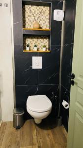 a bathroom with a toilet and a black wall at Appart dans villa EUREXPO LDLC ARENA GROUPAMA STADIUM in Décines-Charpieu