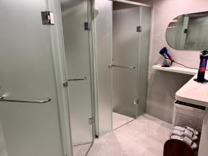 a bathroom with a shower stall and a sink at Hotel Myeongdon Station in Seoul +40 photos