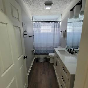 a bathroom with a toilet and a sink and a shower at Little House in Indy sleeps many in Indianapolis +17 photos