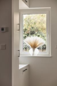 a window in a kitchen with a feather centerpiece at Dream Premium Apartman in Mosonmagyaróvár