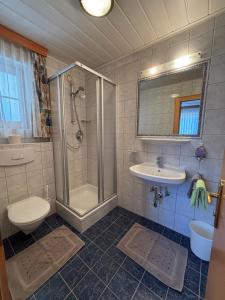 a bathroom with a shower and a sink and a toilet at Apart Stella Bianca in Kappl +23 photos