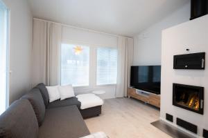 a living room with a couch and a fireplace at Villa Kotikuja in Rovaniemi