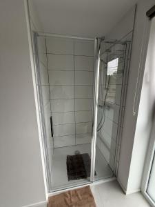 a shower with a glass door in a bathroom at Frangines & Compagnie in Hotton