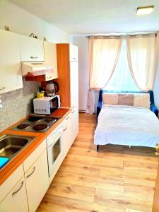 a small kitchen with a bed in a room at Family Apartment Tauchen 8 in Mönichkirchen