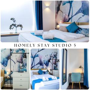 a collage of three pictures of a bedroom at HOMELY STAY Studio 5 - Trendy Self-Check-In Stay in Munich in Munich
