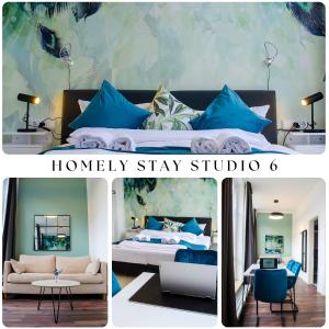 a collage of photos of a bedroom and a homely stay studio at HOMELY STAY Studio 6 - Your Comfortable Self-Check-In Studio in Munich in Munich