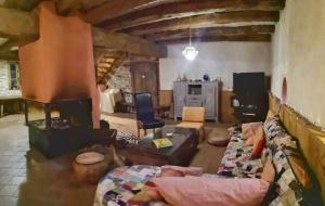 a living room with a couch and a fireplace at Grand gîte pour 18 personnes dans la campagne tarnaise in Andouque