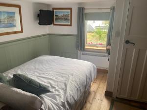 a bedroom with a bed and a window and a television at Cosy cottage in Torquay