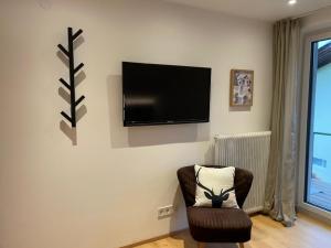 ein Wohnzimmer mit einem Sessel und einem Flachbildfernseher in der Unterkunft Quartier 27- modern Apartment with Balcony & free parking in Tulfes