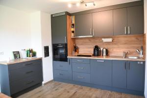 ゾンネンビュールにあるStilvolle Auszeit auf der schwäbischen Albの青いキャビネットとシンク付きの広いキッチン +17枚の写真