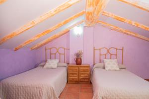two beds in a room with purple walls at Casa Rural La Milagrosa in San Martín de Moncayo