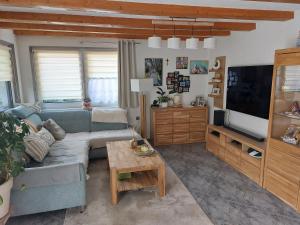 a living room with a couch and a tv at Zoe's Ferienwohnung in Tulfes