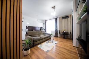 a living room with a couch and a table at Penthouse View in Arad