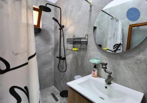 um banheiro com chuveiro, pia e espelho em Flor Apartment em Pogradec