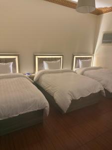 2 Betten in einem Schlafzimmer mit weißer Bettwäsche und Kissen in der Unterkunft Luna Luxury Apartment in Medina