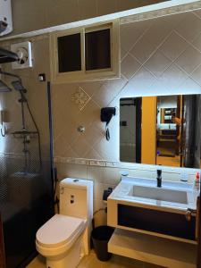 ein Badezimmer mit Waschbecken, Toilette und Spiegel in der Unterkunft Luna Luxury Apartment in Medina + 44 Fotos