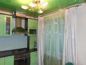 アルハンゲリスクにあるApartment on Lomonosovaの緑の天井のキッチン(緑のキャビネット付)