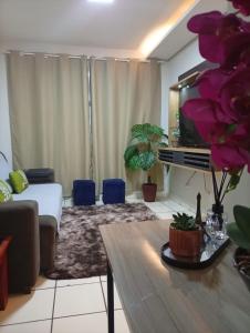 ein Wohnzimmer mit Sofa und Tisch in der Unterkunft Apartamento Rainha Turquesa in Dourados