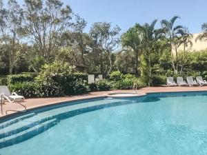 a large swimming pool with chairs and trees at Beachfront Canvas - Ocean Views Pool Gym in Mudjimba
