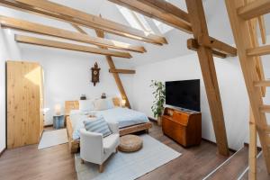 a room with a bed and a tv and a chair at Statek Luigi in Tuchlovice