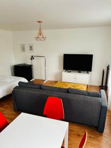 a living room with a couch and a flat screen tv at Charmant Studio proche tramway in Strasbourg