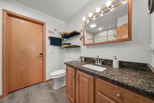 a bathroom with a toilet and a sink and a mirror at Beach Front Houghton Lake with Game Room in Port Huron +69 photos