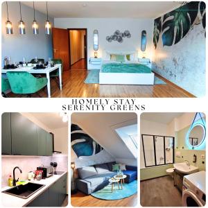 a collage of four pictures of a hotel room at HOMELY STAY Serenity Greens - Stylisch Studio-Apartment with kitchen - 15 min from Oktoberfest -pet friendly in Munich
