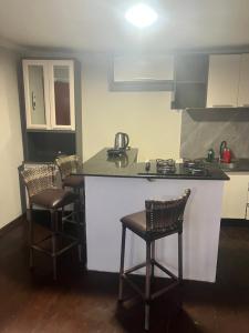 a kitchen with a counter and two chairs and a counter top at Flat Serena in Cayru