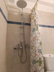 a shower curtain in a bathroom with a toilet at Πλάτανος Στούντιο ΙΙ Platanos studio II in Mytilini +26 photos