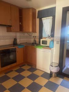 a kitchen with wooden cabinets and a microwave at Asturica in Astorga