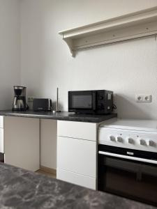 a kitchen with a counter with a microwave and a stove at Wupper Apartments Vogel in Erbschlö