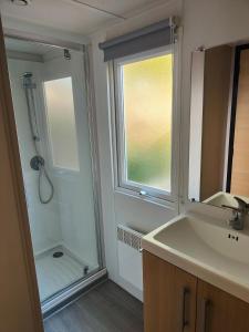 ein Bad mit einem Waschbecken, einem Fenster und einer Dusche in der Unterkunft La Petite Maison du Park in Boofzheim