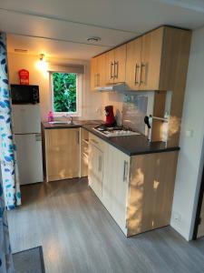 eine Küche mit Holzschränken und einem weißen Kühlschrank in der Unterkunft La Petite Maison du Park in Boofzheim + 11 Fotos