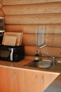 a kitchen counter with a sink and a microwave at Гостьовий дім Секвойя in Verkhniy Bystryy