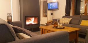 un salon avec un canapé et une cheminée dans l'établissement Gîte de la Ferme de Lexhy, à Stavelot