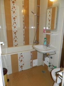 La salle de bains est pourvue d'un lavabo, d'une douche et de toilettes. dans l'établissement Cora Centru Pitesti, à Piteşti