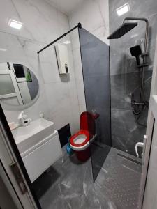 a bathroom with a red toilet and a shower at Apartment for rent in Mitrovica town centre in Mitrovicë