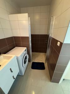 een badkamer met een wasmachine en een douche bij EJolie in Illzach +8 foto's