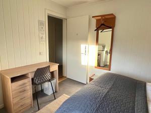 a bedroom with a bed and a desk and a mirror at Tanabrew in Tana