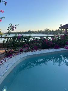 a swimming pool in a garden with flowers at Malcom Ocean View Retreat in Pongwe