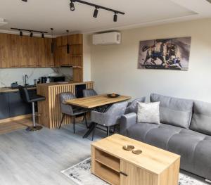 a living room with a couch and a table at Aqua Lux apartmani in Vršac